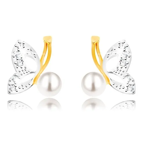 Náušnice v kombinovanom 9K zlate - motýľ s krídlami v bielom zlate, zirkóny, perla