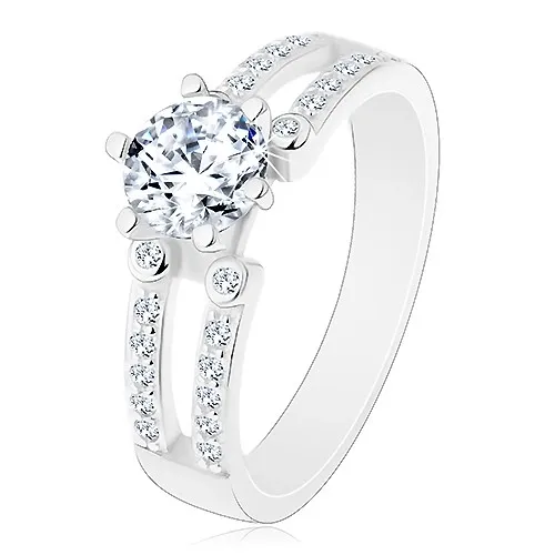 Zásnubný prsteň, striebro 925, výrezy na trblietavých ramenách, číry zirkón - Veľkosť: 52 mm