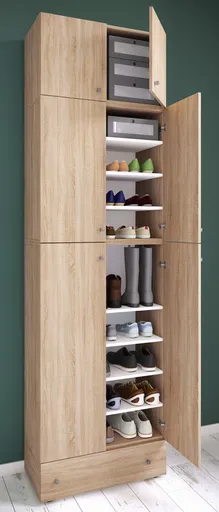 VCM Botník Lona XXL s 9 přihrádkami, otočné dveře s nástavcem a zásuvkou, dub sonoma