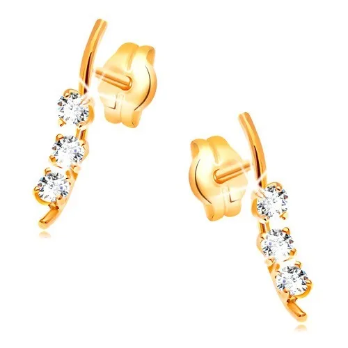 Zlaté náušnice 585 - úzka vlnka s tromi zirkónmi čírej farby