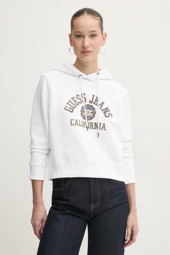 Bavlnená mikina Guess Jeans dámska, biela farba, s kapucňou, s potlačou, W5RQ29 K68I4