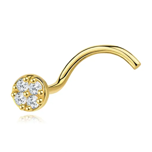 Zahnutý piercing do nosa zo žltého 14K zlata so zirkónmi