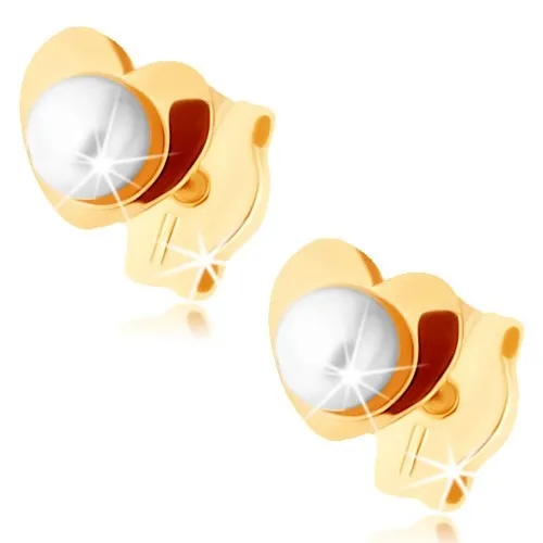 Zlaté náušnice 9K v tvare srdca s bielou kultivovanou perlou