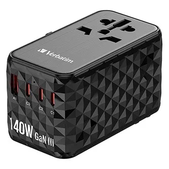 Verbatim UTA-10 GaN III 32125, Univerzálny cestovný adaptér, 2x USB-C PD a QC 4+, 1x USB-C PD 3.0, 1x USB-A QC, čierny, 140 W