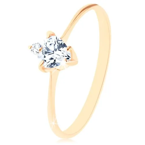 Zlatý prsteň 585 - brúsené zirkónové srdiečko čírej farby, drobný okrúhly zirkónik - Veľkosť: 58 mm