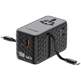 Verbatim, Cestovní adaptér univerzální Charge ,n, Travel 1x USB-C, 1X USB-A + 2x integrovaný kabel USB-C, černá, 70 W