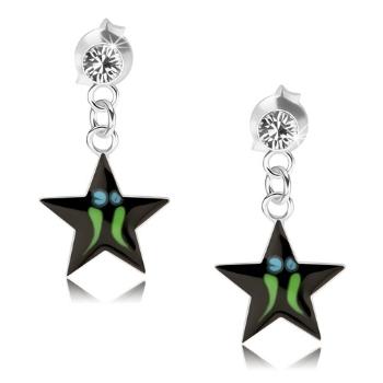 Strieborné náušnice 925, čierna hviezda - zelené pásiky, číry Swarovski krištáľ