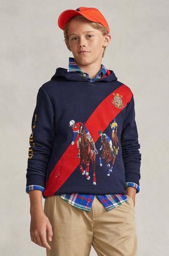 Detská mikina Polo Ralph Lauren tmavomodrá farba, s kapucňou, s potlačou