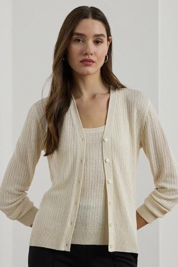 Ľanový kardigán Lauren Ralph Lauren béžová farba, ľahký, 200971350