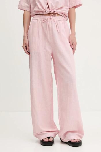 Nohavice s prímesou ľanu Tommy Jeans ružová farba, široké, vysoký pás, DW0DW20352