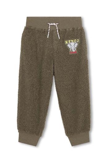 Detské tepláky Kenzo Kids zelená farba, s nášivkou