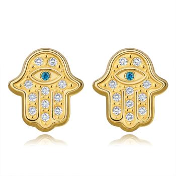 Náušnice zo žltého zlata 585 - Hamsa so zirkónmi, oko so syntetickým akvamarínom