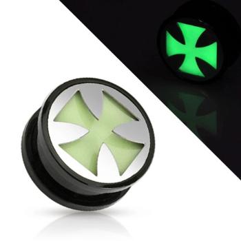 Čierny tunel plug do ucha z akrylu, maltézsky kríž svietiaci v tme - Hrúbka: 8 mm