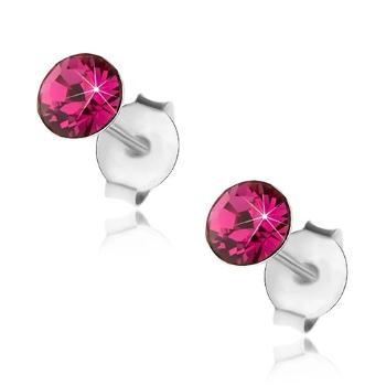 Strieborné náušnice 925, okrúhly fuksiový krištáľ Swarovski, 4 mm