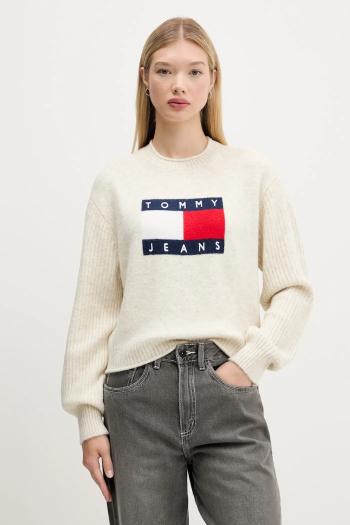 Sveter s prímesou vlny Tommy Jeans béžová farba, ľahký, DW0DW21782