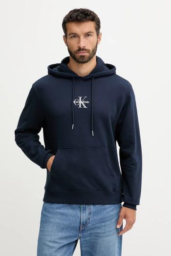 Bavlnená mikina Calvin Klein Jeans tmavomodrá farba, s kapucňou, s potlačou, LV04RD243G