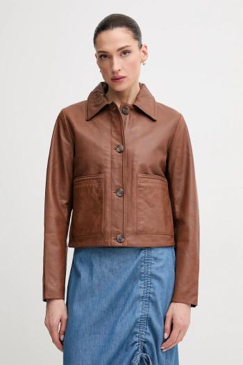 Kožená bunda Pepe Jeans HILLARY hnedá farba, prechodná, PL402542