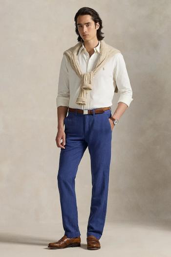 Ľanové nohavice Polo Ralph Lauren tmavomodrá farba, rovný strih, 710901796