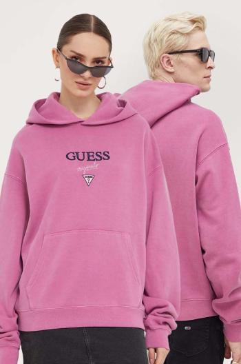 Mikina Guess Originals fialová farba, s kapucňou, s nášivkou