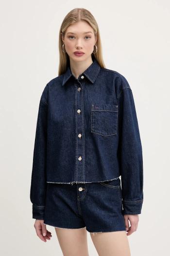 Rifľová bunda Tommy Jeans tmavomodrá farba, prechodná, oversize, DW0DW20567