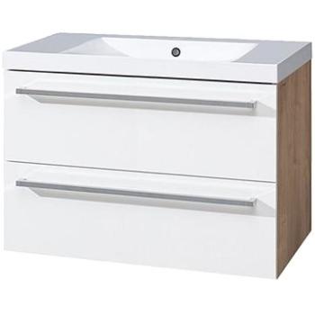 Bino koupelnová skříňka, umyvadlo litý mramor, 80 cm, bílá/dub, 2 zásuvky (CN671M)