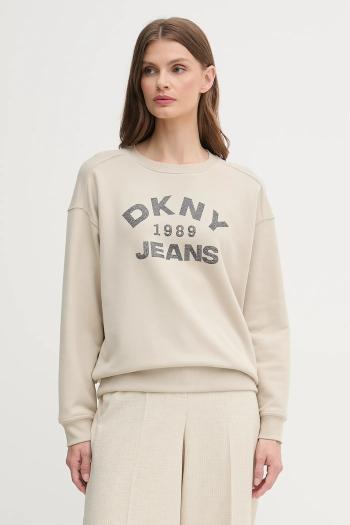 Bavlnená mikina Dkny béžová farba, s nášivkou, DJ5T1522