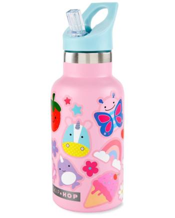 SKIP HOP Fľaša s nálepkami so slamkovým náustkom nerezová ružová 380 ml, 4r+