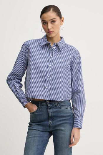 Bavlnená košeľa Tommy Jeans dámska, tmavomodrá farba, voľný strih, s klasickým golierom, DW0DW19354