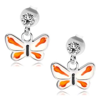 Strieborné 925 náušnice, číry krištálik Swarovski, bielo-oranžový motýlik