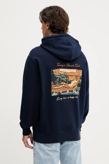 Bavlnená mikina Tommy Jeans tmavomodrá farba, s kapucňou, s potlačou, DM0DM21373