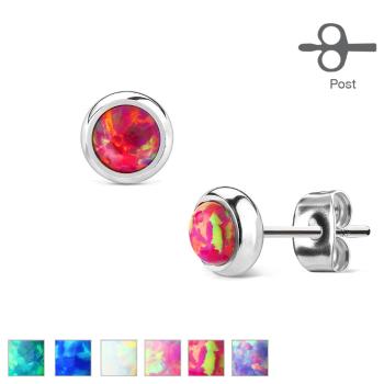 Náušnice z chirurgickej ocele - syntetický opál v objímke, rôzne farby, 6 mm - Farba: Modrá