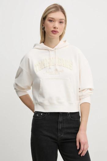 Bavlnená mikina Tommy Jeans dámska, béžová farba, s kapucňou, s nášivkou, DW0DW19413