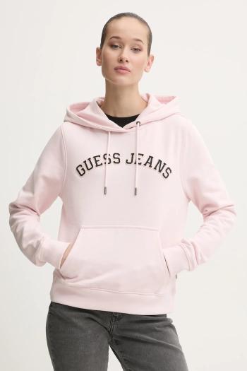 Bavlnená mikina Guess Jeans dámska, ružová farba, s kapucňou, s nášivkou, W5RQ17 K68I4