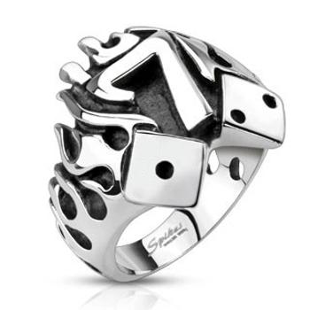Prsteň z ocele - kocky, plamene a číslica sedem - Veľkosť: 62 mm