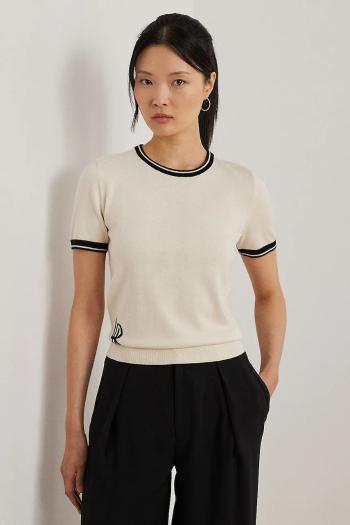 Bavlnené tričko Lauren Ralph Lauren dámske, béžová farba, 200963659