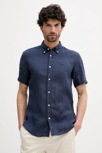 Ľanová košeľa BOSS pánska, tmavomodrá farba, slim, s golierom button-down, 50539352