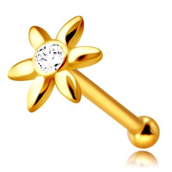 Piercing do nosa v žltom 14K zlate - kvietok s čírym zirkónikom, dlhé lupienky