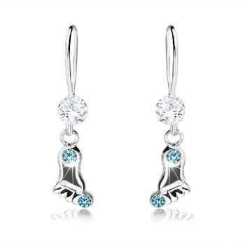Strieborné náušnice 925, ligotavé chodidlo, svetlomodré Swarovski krištále