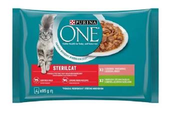 PURINA ONE cat Multipack Sterilcat mini filetky s morkou a zelenými fazuľkami / s lososom a mrkvou v šťave 4x85g