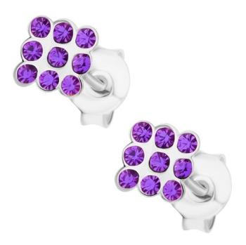 Puzetové náušnice, striebro 925, drobné fialové krištáliky Swarovski - štvorec