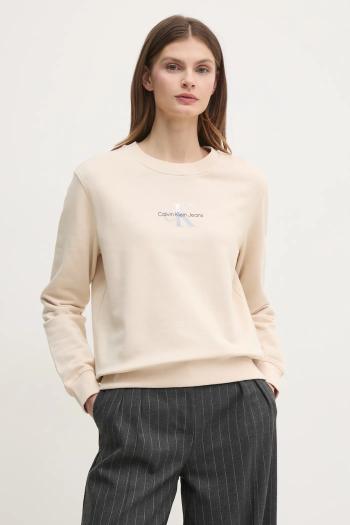 Bavlnená mikina Calvin Klein Jeans dámska, béžová farba, s potlačou, J20J225360