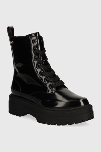 Členkové topánky Tommy Hilfiger FLAG RAIN LACE UP BOOT dámske, čierna farba, na platforme, FW0FW07953