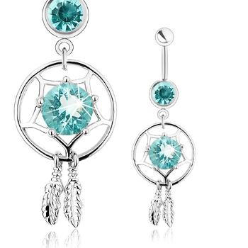 Piercing z ocele 316L, lapač snov, svetlomodrý zirkón, dve gravírované pierka