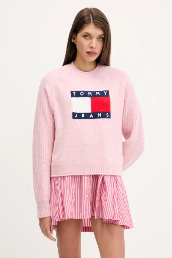 Sveter s prímesou vlny Tommy Jeans ružová farba, ľahký, DW0DW21782