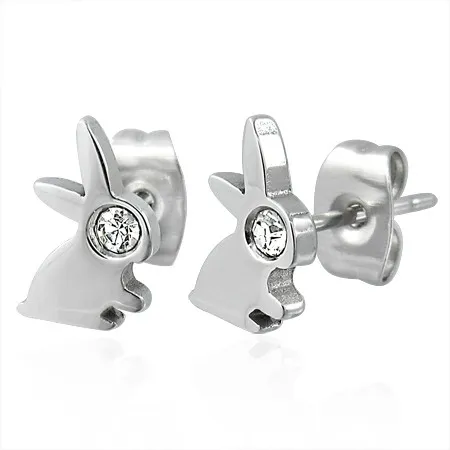 Náušnice z ocele 316L striebornej farby - zajko so zirkónovým očkom