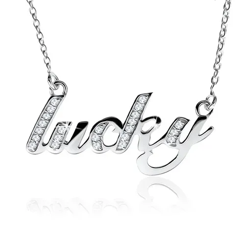 Náhrdelník zo striebra 925, nápis "lucky" zdobený čírymi kamienkami