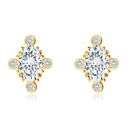 Náušnice zo 14K zlata - trblietavý oválny zirkón, drobné okrúhle zirkóniky, puzetky