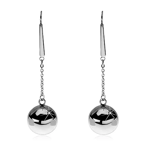 Náušnice z ocele 316L - strieborná farba, visiaca guľa na retiazke
