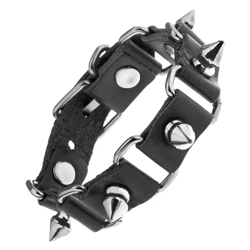 Nastaviteľný náramok z čiernej kože a ocele, vybíjané ostne