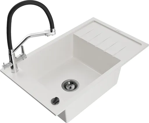 MEXEN/S MEXEN/S - Elias granitový drez s odkvapkávačom vrátane batérie Duo, biela 6511-20-671701-07-B